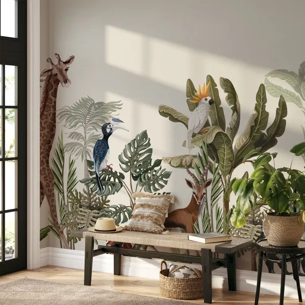 Jungle_Seamless_border_with_tropical_trees_such_as_palms,_bananas_and_jungle_animals._Mural_Wallpaper.