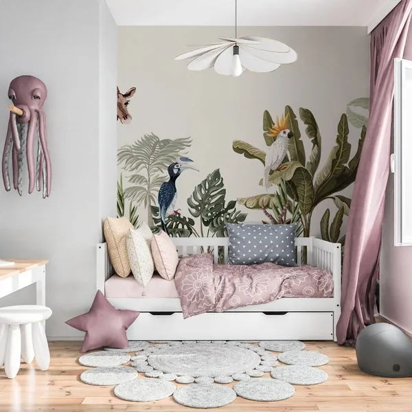Jungle_Seamless_border_with_tropical_trees_such_as_palms,_bananas_and_jungle_animals._Mural_Wallpaper.