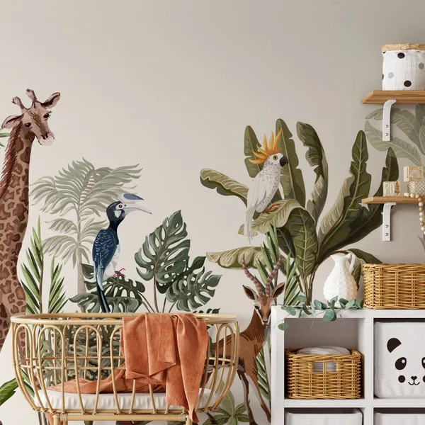 Jungle_Seamless_border_with_tropical_trees_such_as_palms,_bananas_and_jungle_animals._Mural_Wallpaper.