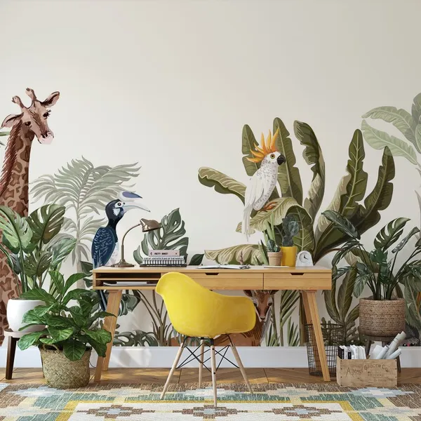Jungle_Seamless_border_with_tropical_trees_such_as_palms,_bananas_and_jungle_animals._Mural_Wallpaper.