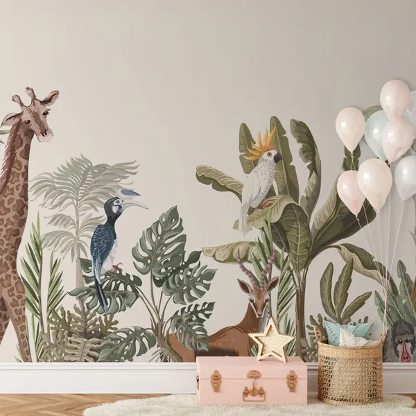 Jungle_Seamless_border_with_tropical_trees_such_as_palms,_bananas_and_jungle_animals._Mural_Wallpaper.