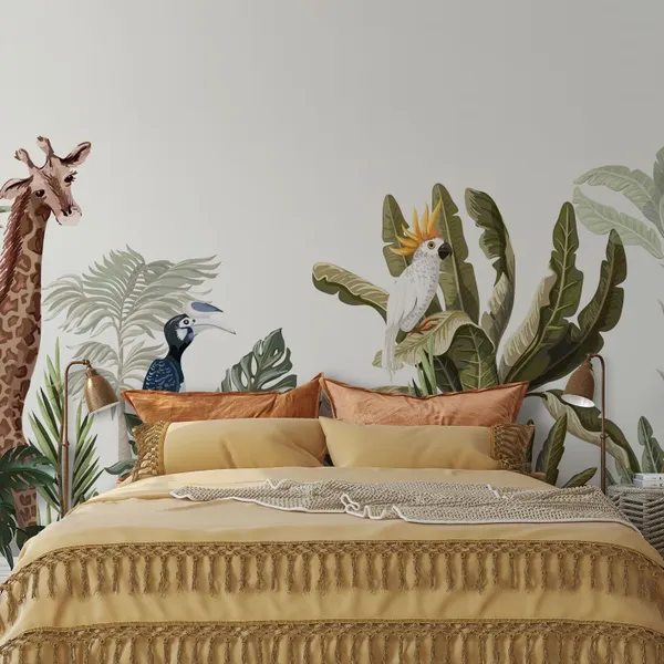 Jungle_Seamless_border_with_tropical_trees_such_as_palms,_bananas_and_jungle_animals._Mural_Wallpaper.