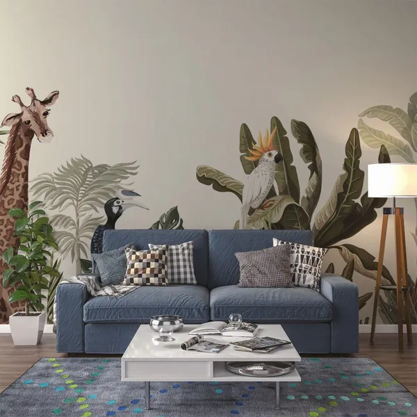 Jungle_Seamless_border_with_tropical_trees_such_as_palms,_bananas_and_jungle_animals._Mural_Wallpaper.