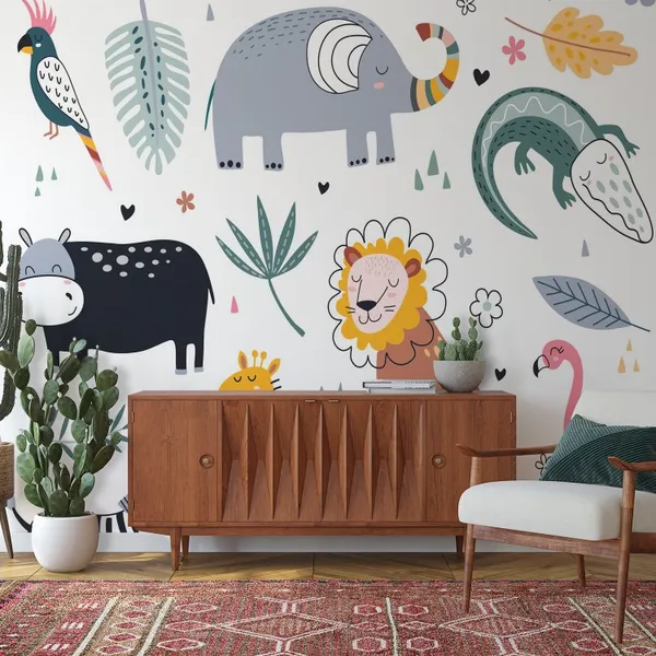 Set_of_funny_animal_for_kids_with_leaves_Mural_Wallpaper.