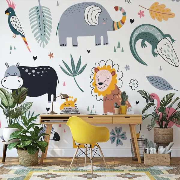 Set_of_funny_animal_for_kids_with_leaves_Mural_Wallpaper.