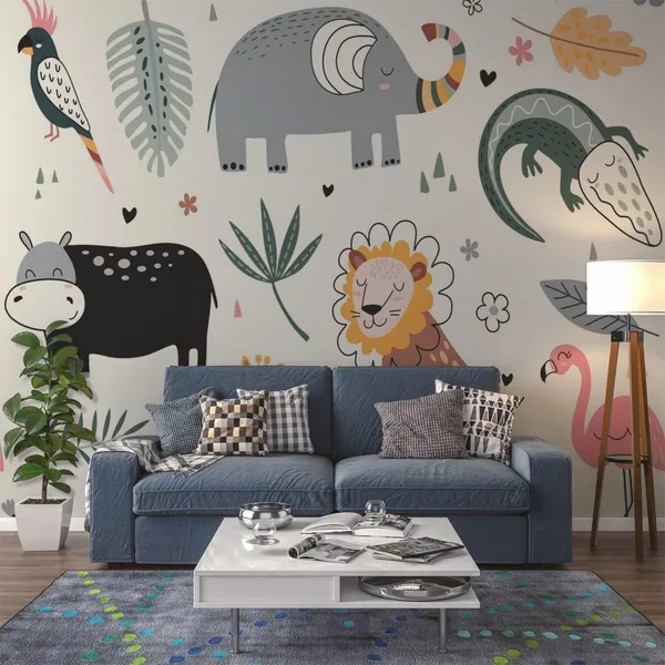Set_of_funny_animal_for_kids_with_leaves_Mural_Wallpaper.