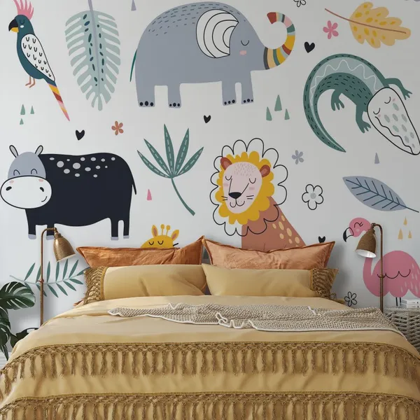 Set_of_funny_animal_for_kids_with_leaves_Mural_Wallpaper.