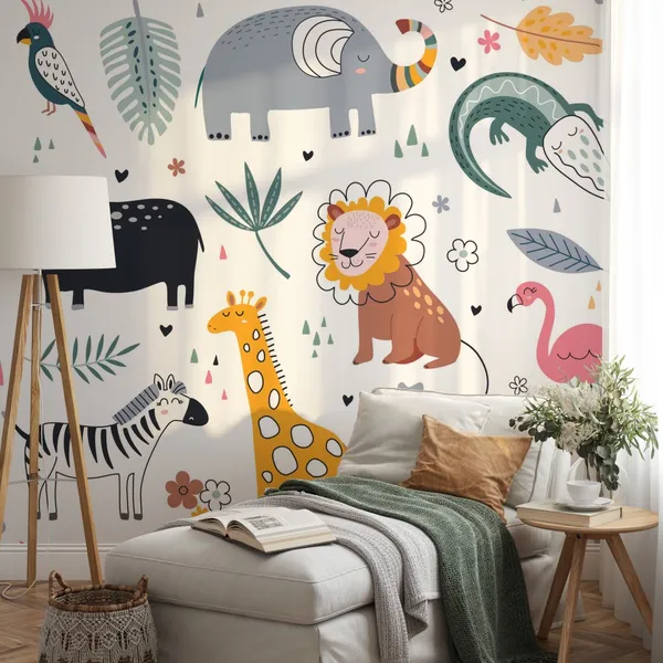 Set_of_funny_animal_for_kids_with_leaves_Mural_Wallpaper.