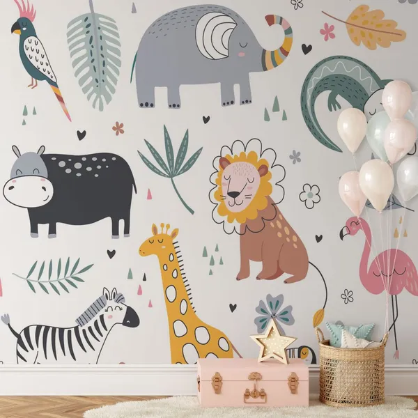 Set_of_funny_animal_for_kids_with_leaves_Mural_Wallpaper.