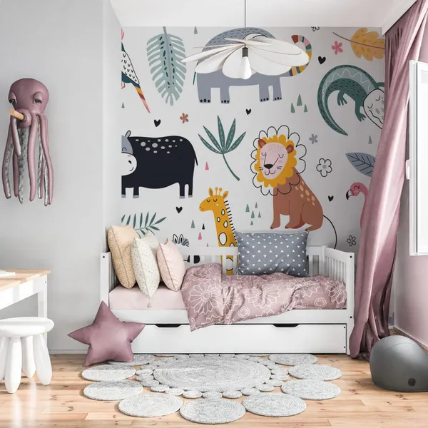 Set_of_funny_animal_for_kids_with_leaves_Mural_Wallpaper.