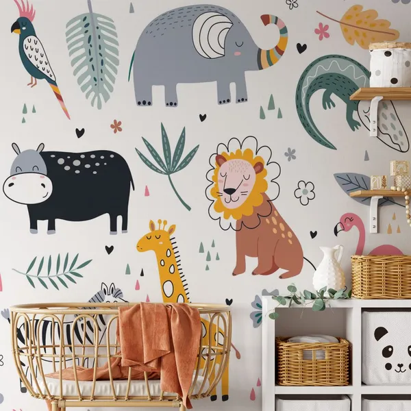 Set_of_funny_animal_for_kids_with_leaves_Mural_Wallpaper.