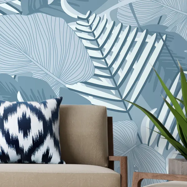 Palm_Monstera_Seamless_Pattern._Blue_White_Tropical_Summer_Background._Beach_Jungle_Leaves_for_Swimwear_Design._Mural_Wallpaper.