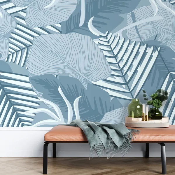 Palm_Monstera_Seamless_Pattern._Blue_White_Tropical_Summer_Background._Beach_Jungle_Leaves_for_Swimwear_Design._Mural_Wallpaper.