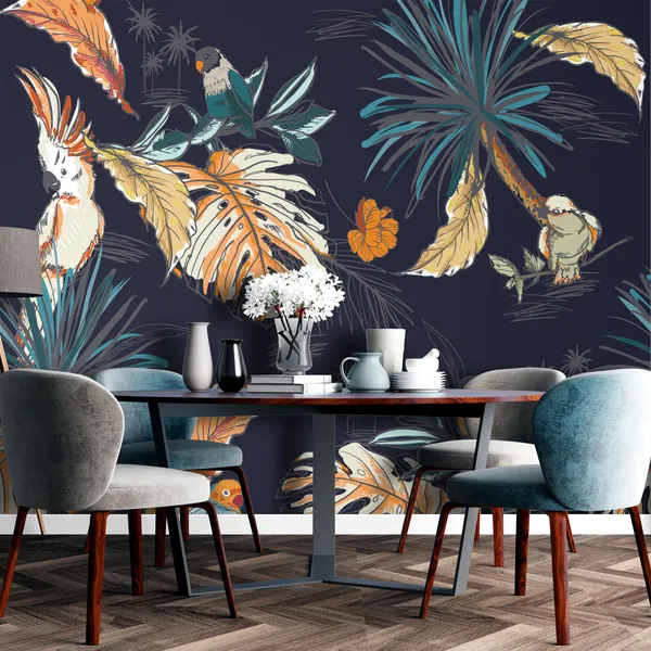 Seamless_Leafe__pattern_hand_drawn_sketch_tropical_with_exotic_parrot_birds_in_vector_Design_for_fashion,_web,__wallpaper,_and_all_prints_on_navy_blue_background_color_Mural_Wallpaper.