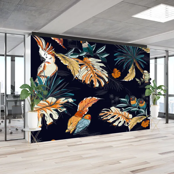 Seamless_Leafe__pattern_hand_drawn_sketch_tropical_with_exotic_parrot_birds_in_vector_Design_for_fashion,_web,__wallpaper,_and_all_prints_on_navy_blue_background_color_Mural_Wallpaper.