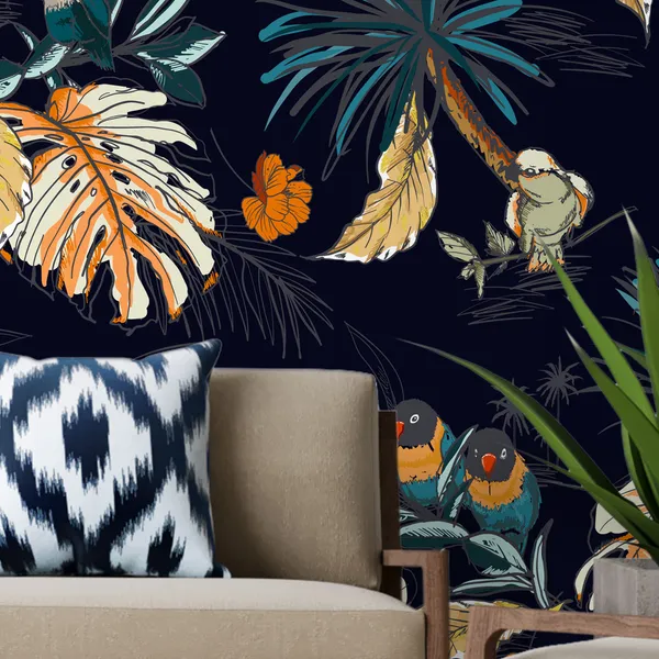 Seamless_Leafe__pattern_hand_drawn_sketch_tropical_with_exotic_parrot_birds_in_vector_Design_for_fashion,_web,__wallpaper,_and_all_prints_on_navy_blue_background_color_Mural_Wallpaper.