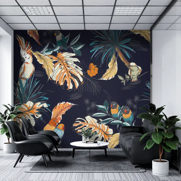 Seamless_Leafe__pattern_hand_drawn_sketch_tropical_with_exotic_parrot_birds_in_vector_Design_for_fashion,_web,__wallpaper,_and_all_prints_on_navy_blue_background_color_Mural_Wallpaper.