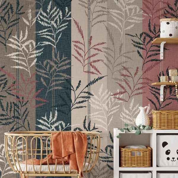 Seamless_leaves_Pattern_on_Stripes_With_leaves_Mural_Wallpaper.