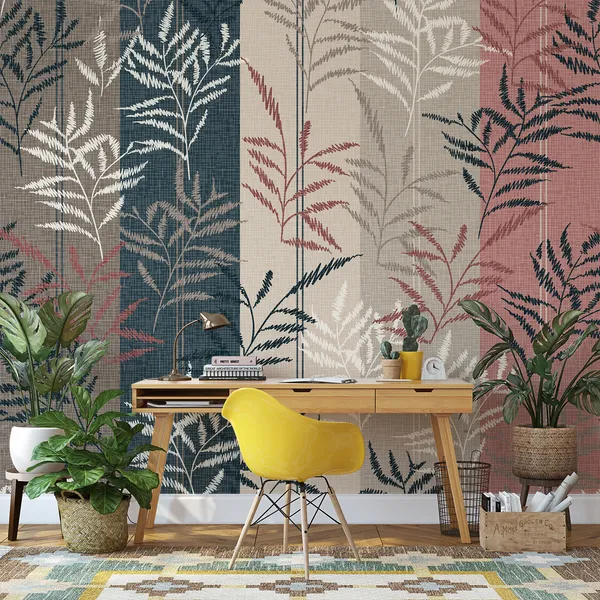 Seamless_leaves_Pattern_on_Stripes_With_leaves_Mural_Wallpaper.