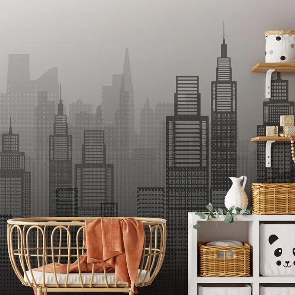 Flat_style_city_skyline_vector_illustration_urban_landscape_in_shades_of_Black_Mural_Wallpaper.