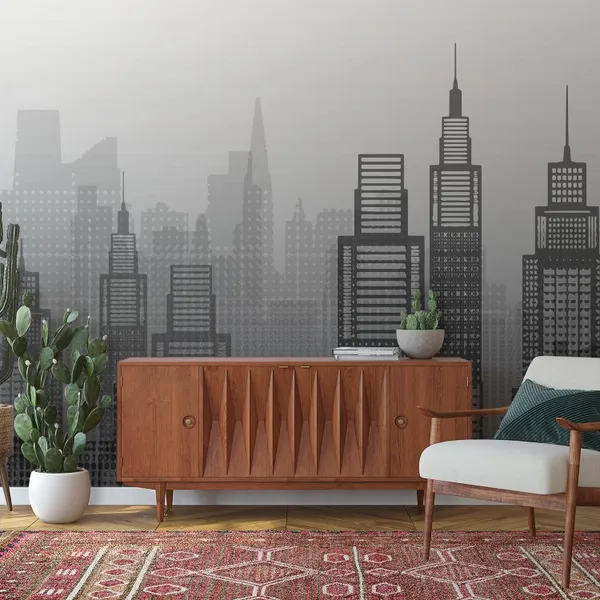 Flat_style_city_skyline_vector_illustration_urban_landscape_in_shades_of_Black_Mural_Wallpaper.