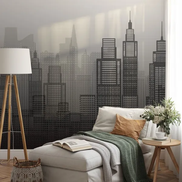 Flat_style_city_skyline_vector_illustration_urban_landscape_in_shades_of_Black_Mural_Wallpaper.
