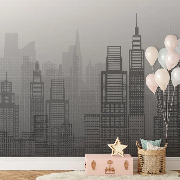 Flat_style_city_skyline_vector_illustration_urban_landscape_in_shades_of_Black_Mural_Wallpaper.