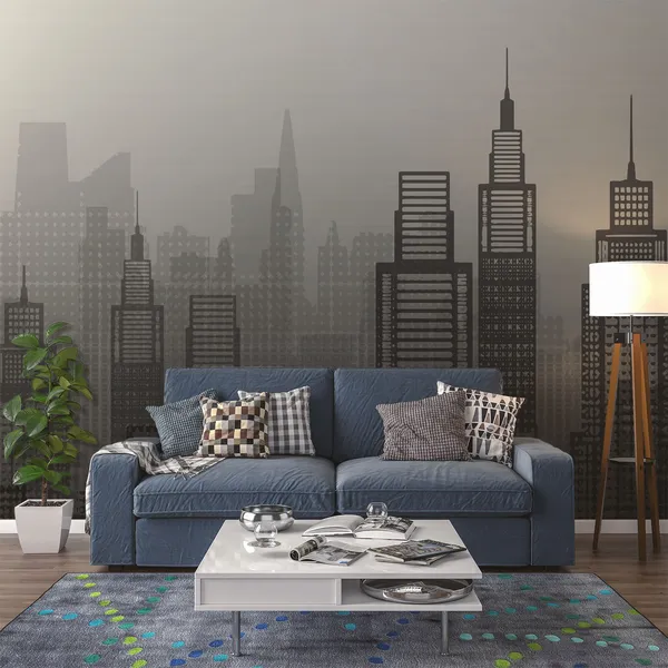 Flat_style_city_skyline_vector_illustration_urban_landscape_in_shades_of_Black_Mural_Wallpaper.