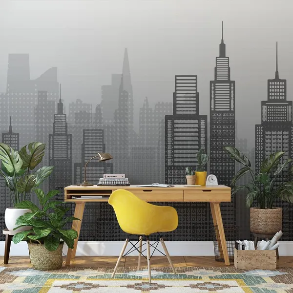 Flat_style_city_skyline_vector_illustration_urban_landscape_in_shades_of_Black_Mural_Wallpaper.