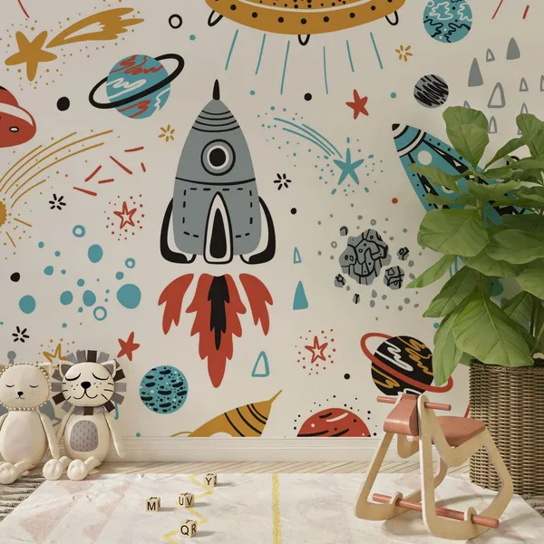 Space_background_for_children.Seamless_background_with_cartoon_rockets,_planets,_stars,_comets_and_UFOs_Mural_Wallpaper.