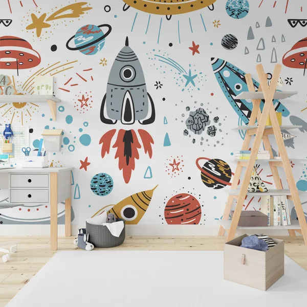 Space_background_for_children.Seamless_background_with_cartoon_rockets,_planets,_stars,_comets_and_UFOs_Mural_Wallpaper.
