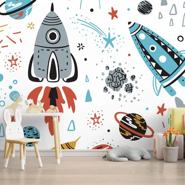 Space_background_for_children.Seamless_background_with_cartoon_rockets,_planets,_stars,_comets_and_UFOs_Mural_Wallpaper.