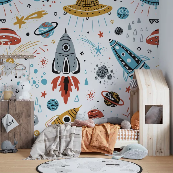 Space_background_for_children.Seamless_background_with_cartoon_rockets,_planets,_stars,_comets_and_UFOs_Mural_Wallpaper.