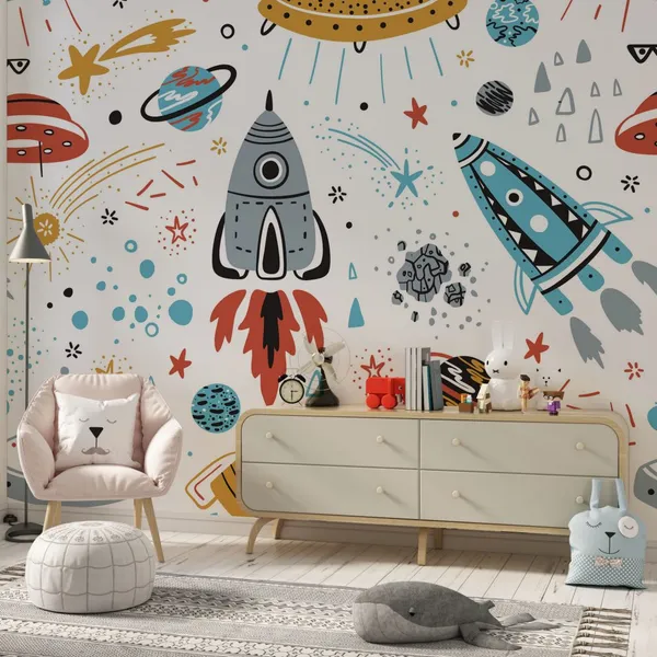 Space_background_for_children.Seamless_background_with_cartoon_rockets,_planets,_stars,_comets_and_UFOs_Mural_Wallpaper.