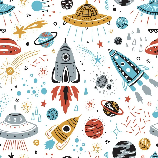 Space_background_for_children.Seamless_background_with_cartoon_rockets,_planets,_stars,_comets_and_UFOs_Mural_Wallpaper.