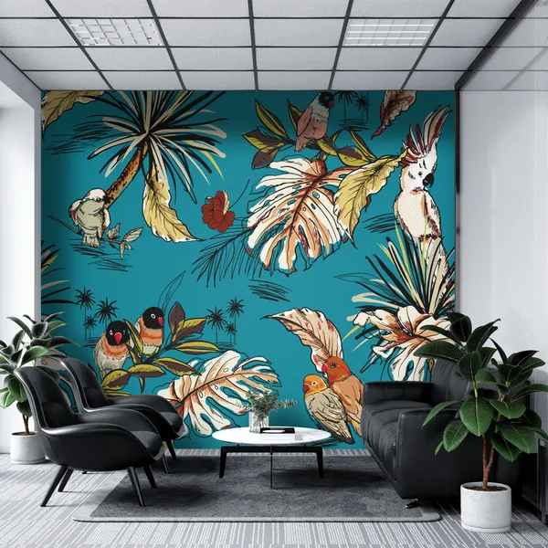 Retro_tropical_hand_drawn_sketch_with_exotic_parrot_birds_seamless_pattern_in_vector_Design_for_fashion_,fabic,_web,_wallpaper,_and_all_prints_on_dark_stylish_green_background_color_Mural_Wallpaper.