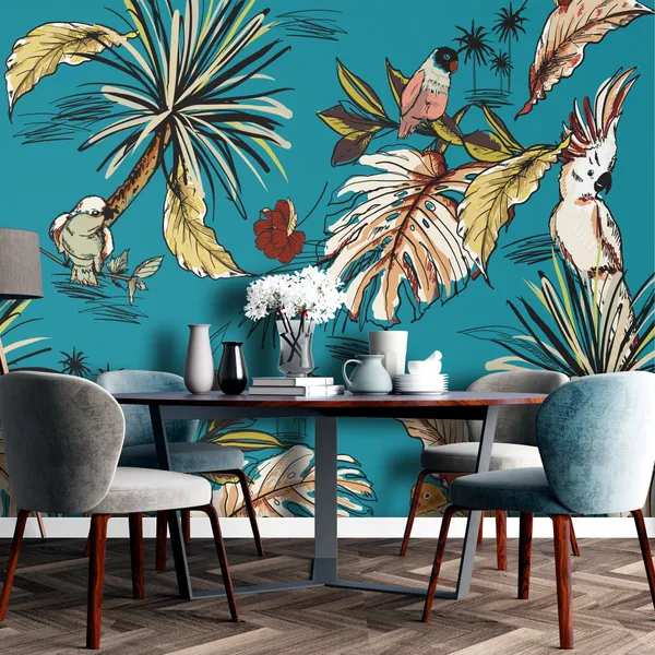 Retro_tropical_hand_drawn_sketch_with_exotic_parrot_birds_seamless_pattern_in_vector_Design_for_fashion_,fabic,_web,_wallpaper,_and_all_prints_on_dark_stylish_green_background_color_Mural_Wallpaper.