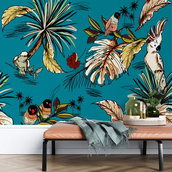 Retro_tropical_hand_drawn_sketch_with_exotic_parrot_birds_seamless_pattern_in_vector_Design_for_fashion_,fabic,_web,_wallpaper,_and_all_prints_on_dark_stylish_green_background_color_Mural_Wallpaper.