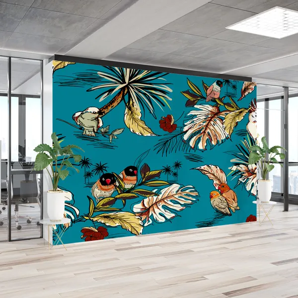 Retro_tropical_hand_drawn_sketch_with_exotic_parrot_birds_seamless_pattern_in_vector_Design_for_fashion_,fabic,_web,_wallpaper,_and_all_prints_on_dark_stylish_green_background_color_Mural_Wallpaper.