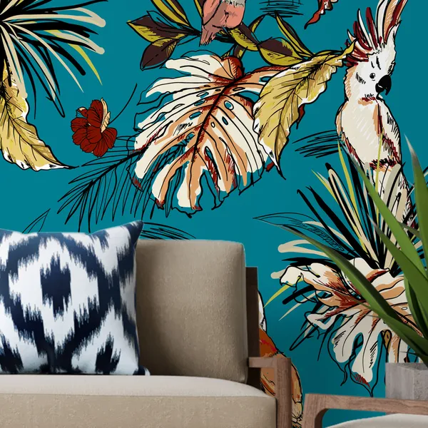 Retro_tropical_hand_drawn_sketch_with_exotic_parrot_birds_seamless_pattern_in_vector_Design_for_fashion_,fabic,_web,_wallpaper,_and_all_prints_on_dark_stylish_green_background_color_Mural_Wallpaper.