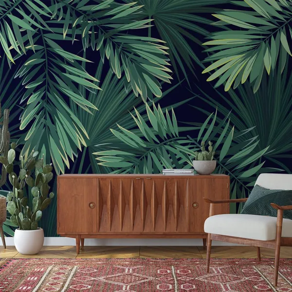 Dark_tropical_background_with_jungle_plants._Seamless_vector_tropical_pattern_with_green_palm_leaves_Mural_Wallpaper