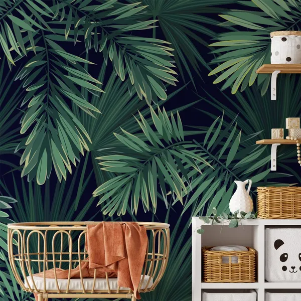Dark_tropical_background_with_jungle_plants._Seamless_vector_tropical_pattern_with_green_palm_leaves_Mural_Wallpaper