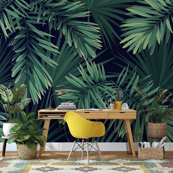 Dark_tropical_background_with_jungle_plants._Seamless_vector_tropical_pattern_with_green_palm_leaves_Mural_Wallpaper