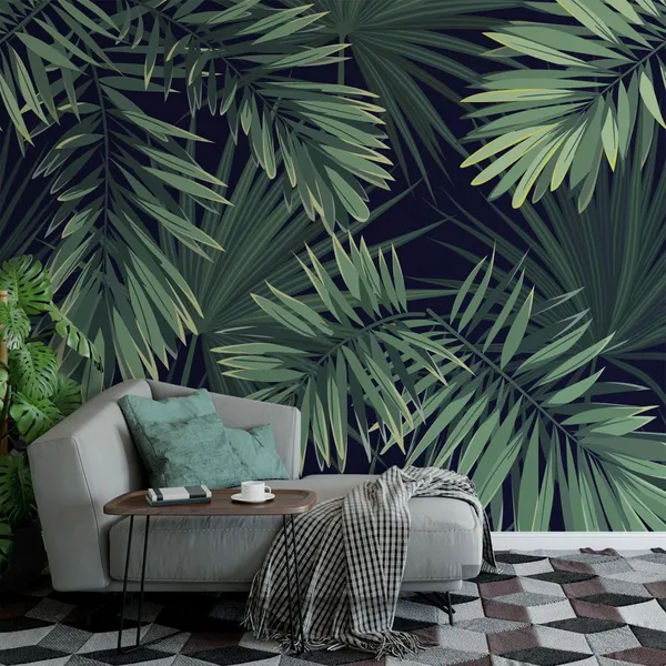 Dark_tropical_background_with_jungle_plants._Seamless_vector_tropical_pattern_with_green_palm_leaves_Mural_Wallpaper