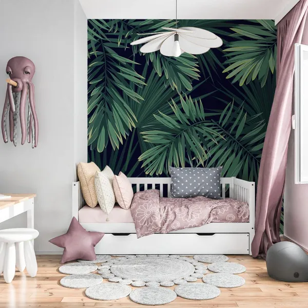 Dark_tropical_background_with_jungle_plants._Seamless_vector_tropical_pattern_with_green_palm_leaves_Mural_Wallpaper