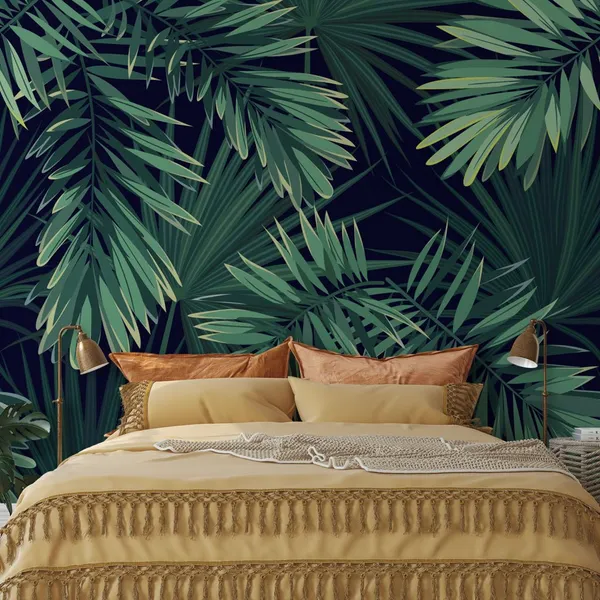Dark_tropical_background_with_jungle_plants._Seamless_vector_tropical_pattern_with_green_palm_leaves_Mural_Wallpaper
