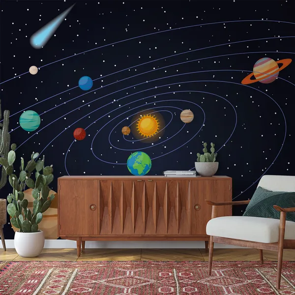 Universe_"Solar_system"_for_children._Cartoon_Planet._Mars,_Verena,_the_earth,_the_sun,_Jupiter,_Saturn,_Uranus,_Neptune,_Pluto._Mural_Wallpaper.