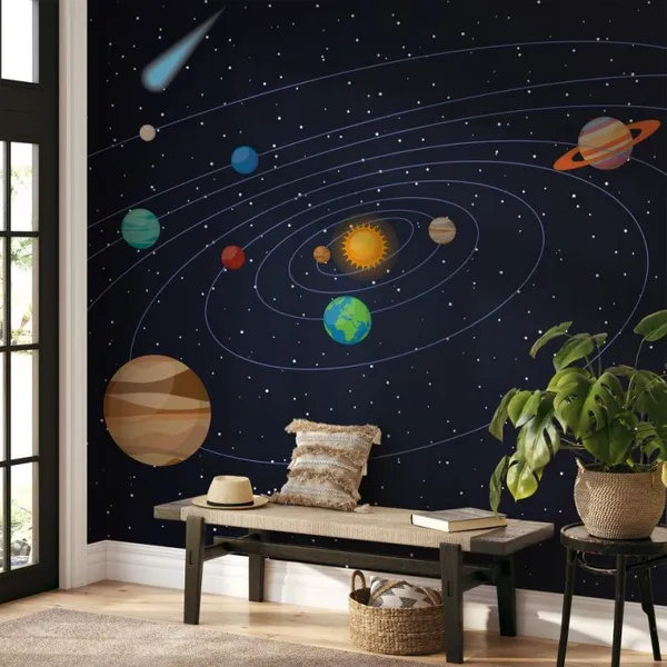 Universe_"Solar_system"_for_children._Cartoon_Planet._Mars,_Verena,_the_earth,_the_sun,_Jupiter,_Saturn,_Uranus,_Neptune,_Pluto._Mural_Wallpaper.