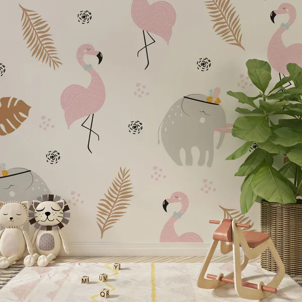 Cute_pastel_seamless_pattern_with_African_animals_and_golden_tropical_leaves._Mural_Wallpaper.