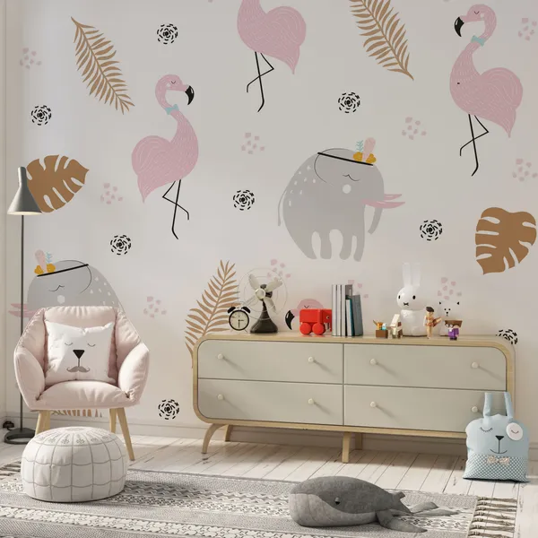 Cute_pastel_seamless_pattern_with_African_animals_and_golden_tropical_leaves._Mural_Wallpaper.